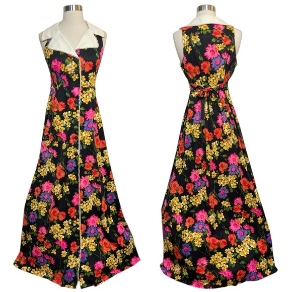 Handmade Vintage Multicolored Floral Maxi Dress With Large Contrasting Collar M